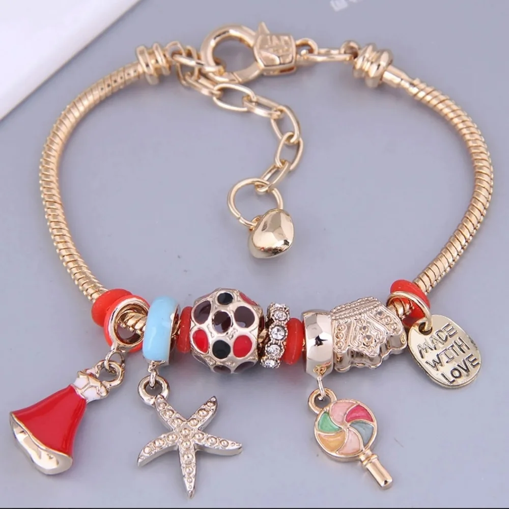 Charm Bracelet Red & Gold Tone With Starfish Lollipop Dress